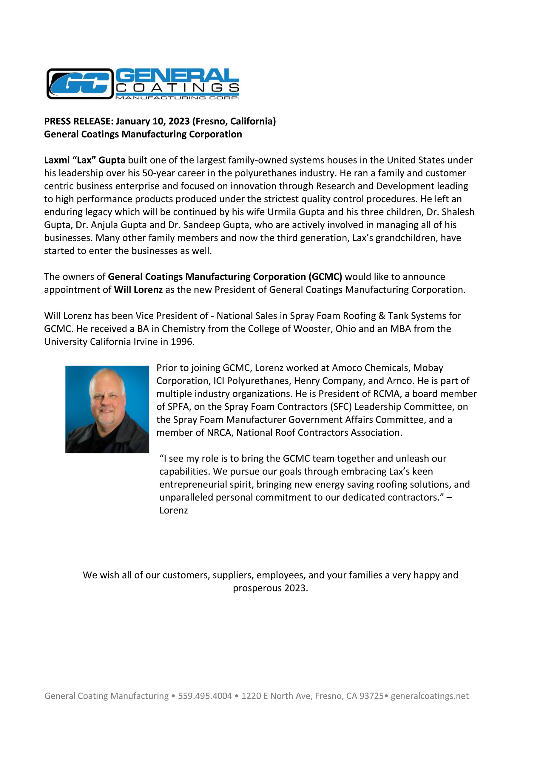Press Release General Coatings Manufacturing Corp.